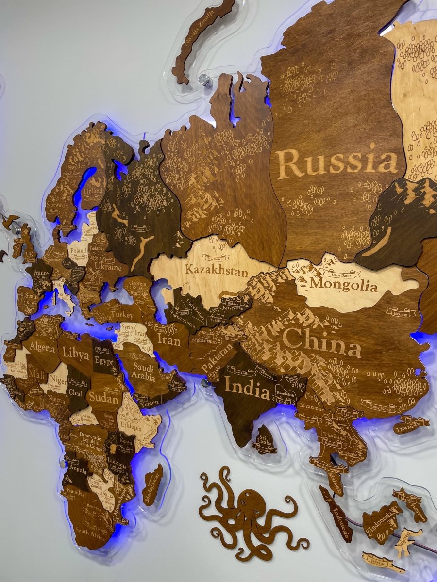 3D LED Wooden World Map Perfect World - Terra - JustLikeWood