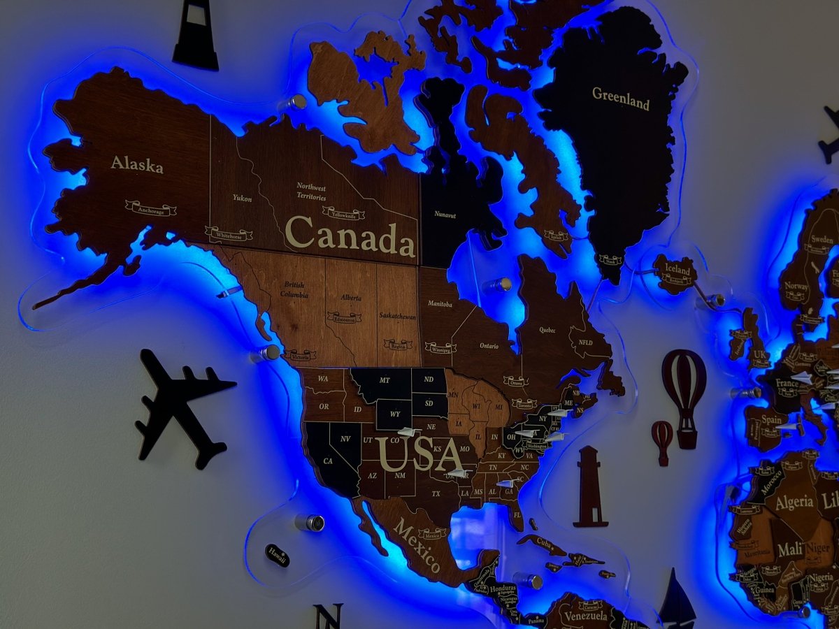 3D LED Wooden World Map Standart - Walnut & Wenge - JustLikeWood