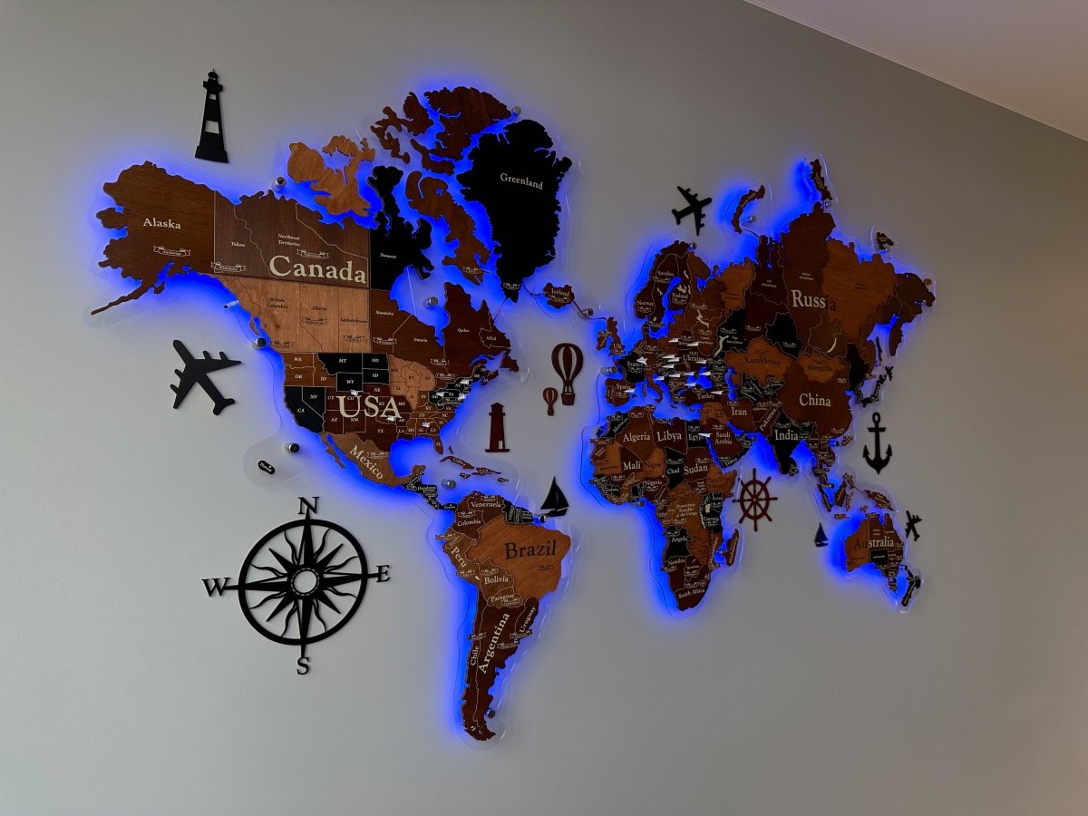 3D LED Wooden World Map Standart - Walnut & Wenge - JustLikeWood