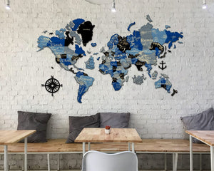 3D Wooden World Map (Perfect World) - Blue & Grey