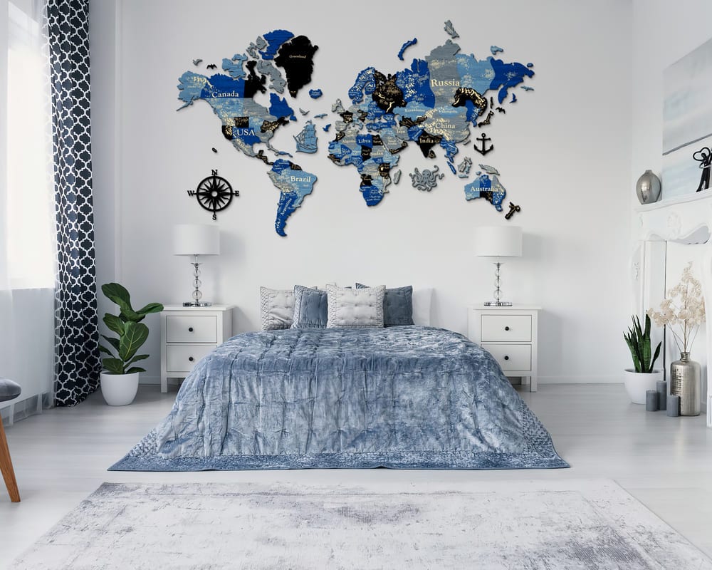 3D Wooden World Map (Perfect World) - Blue & Grey