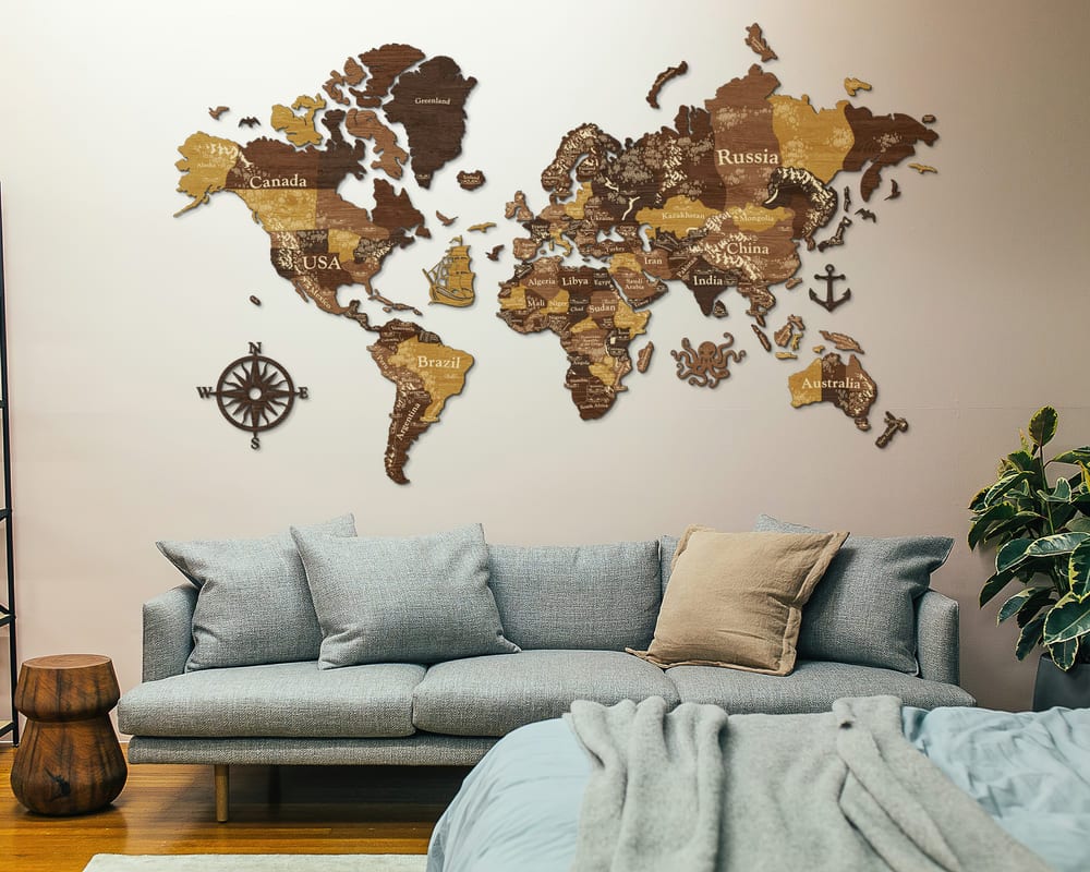 3D Wooden World Map (Perfect World) - Oak & Cypress