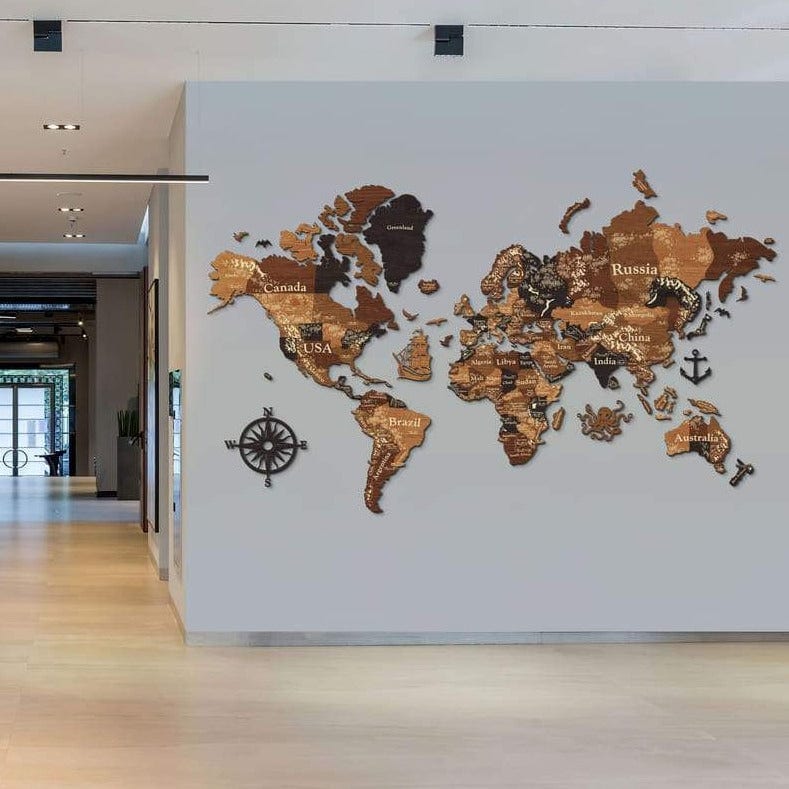 3D Wooden World Map (Perfect World) - Walnut & Wenge