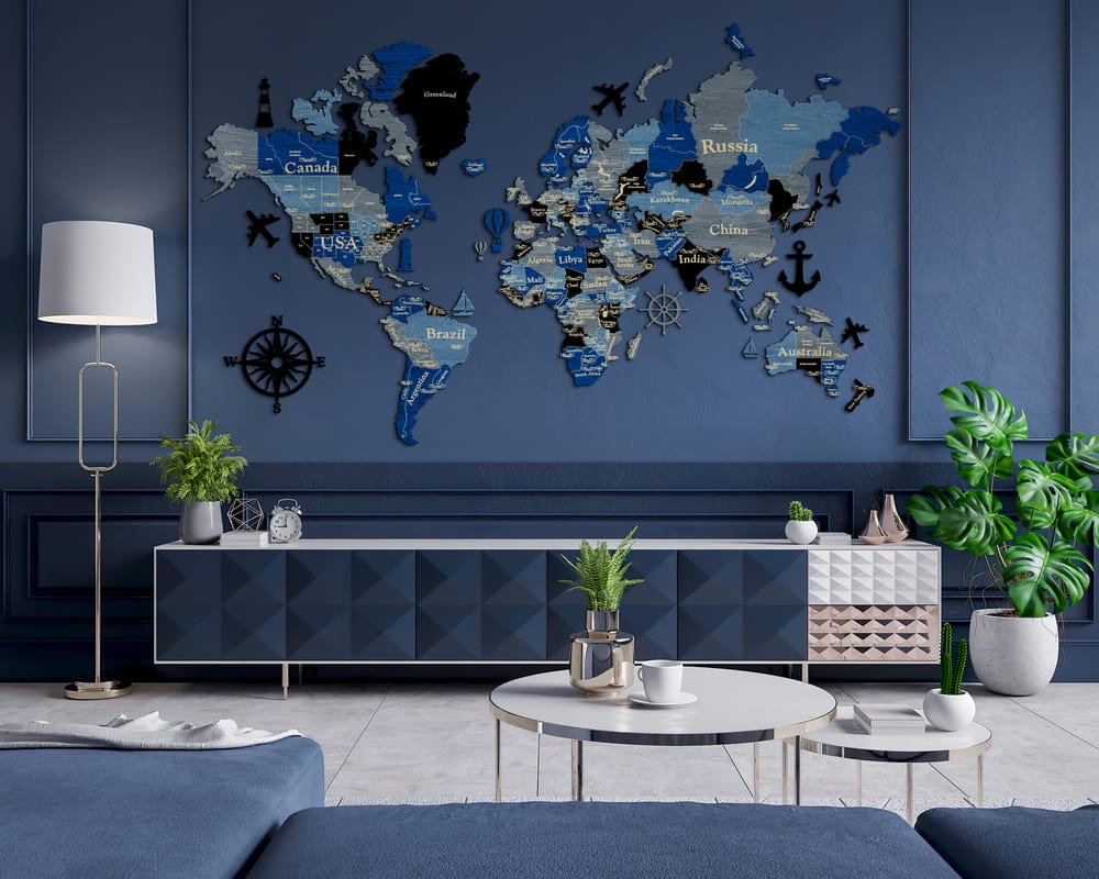 3D Wooden World Map (Standart) - Blue & Grey