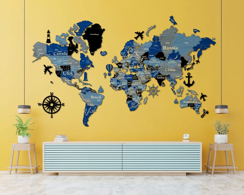 3D Wooden World Map (Standart) - Blue & Grey