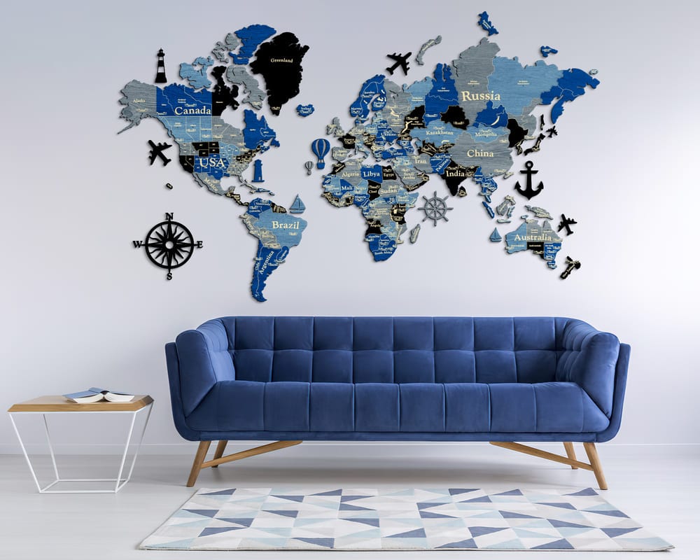 3D Wooden World Map (Standart) - Blue & Grey