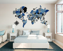 Load image into Gallery viewer, 3D Wooden World Map (Standart) - Blue &amp; Grey
