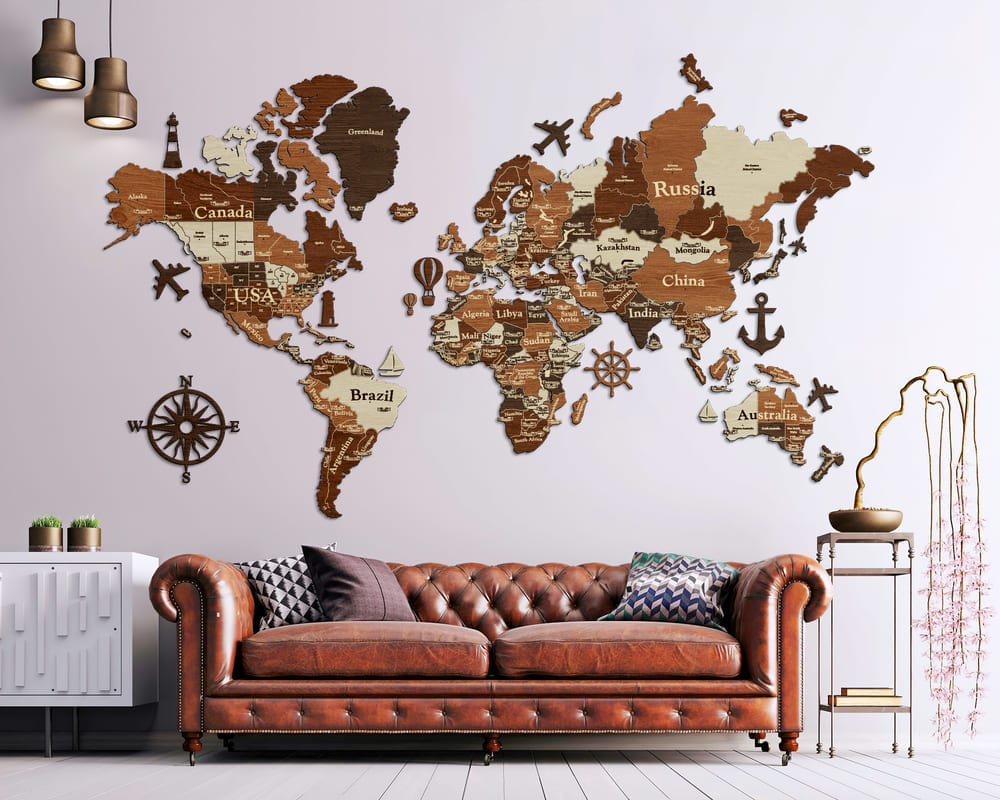 wooden wall map of the world