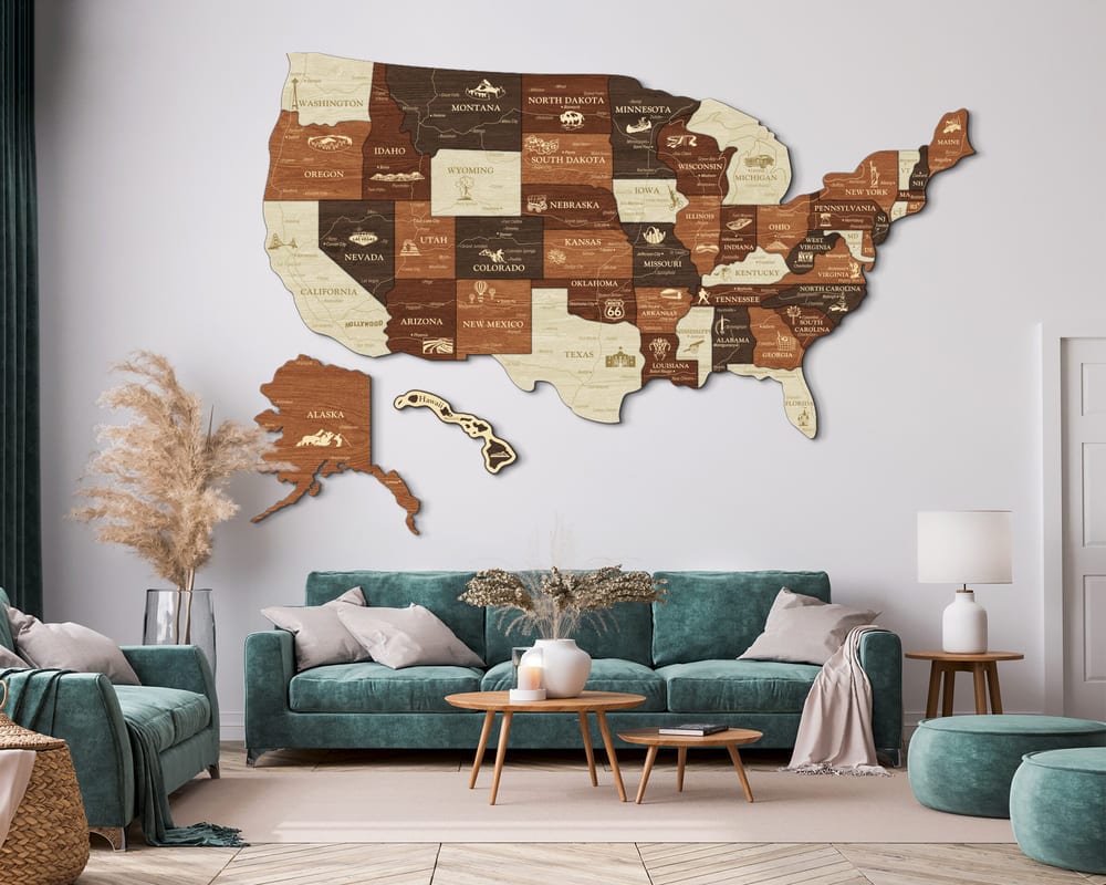 3D Map of USA Prime - Walnut & Rosewood