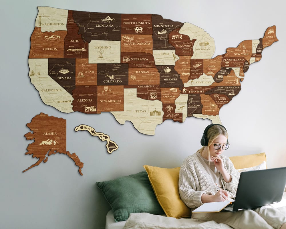 3D Map of USA Prime - Walnut & Rosewood