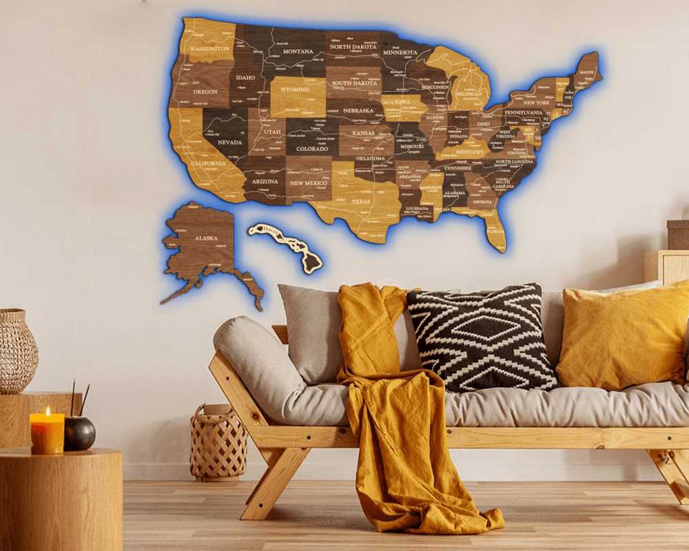3D LED Map of USA - Oak & Cypress