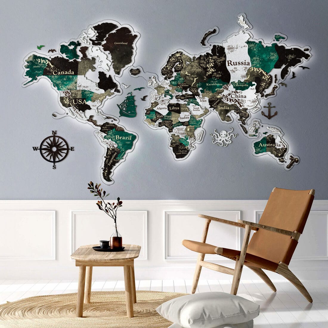 3D LED Colored Wooden World Map (Perfect World) - Emerald Green