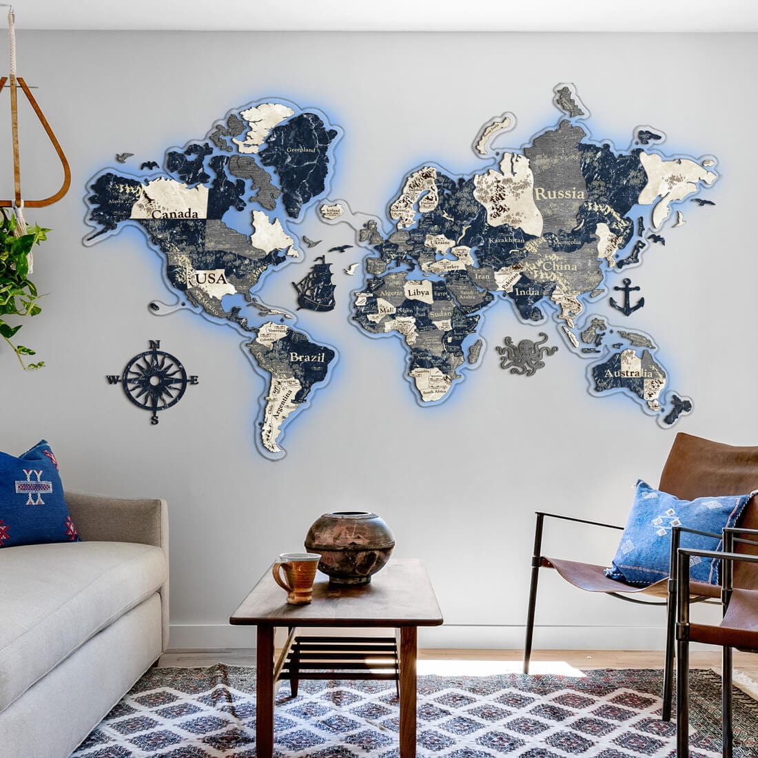 3D LED Colored Wooden World Map (Perfect World) - Sapphire Blue