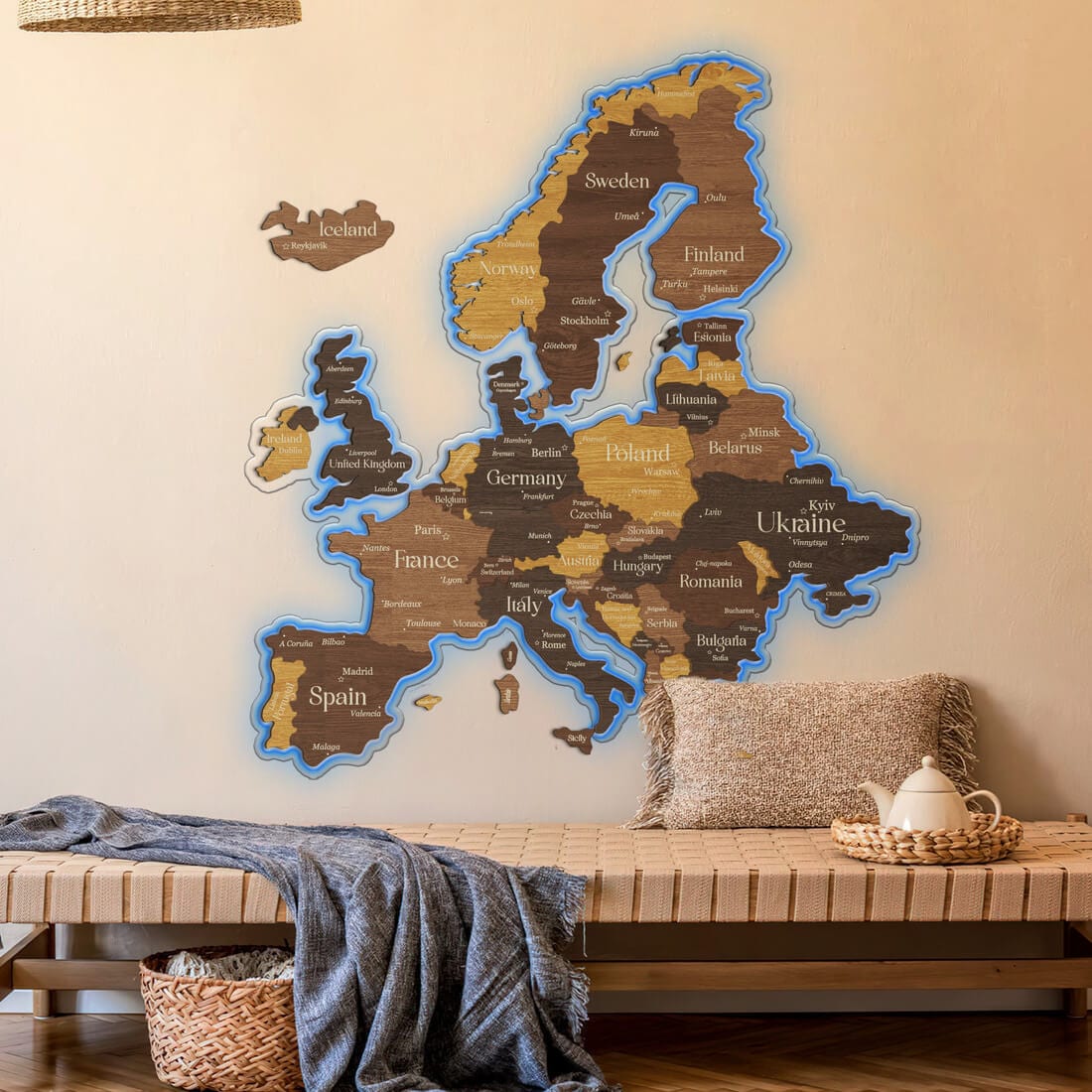 3D LED Europe Wooden Map - Oak & Cypress