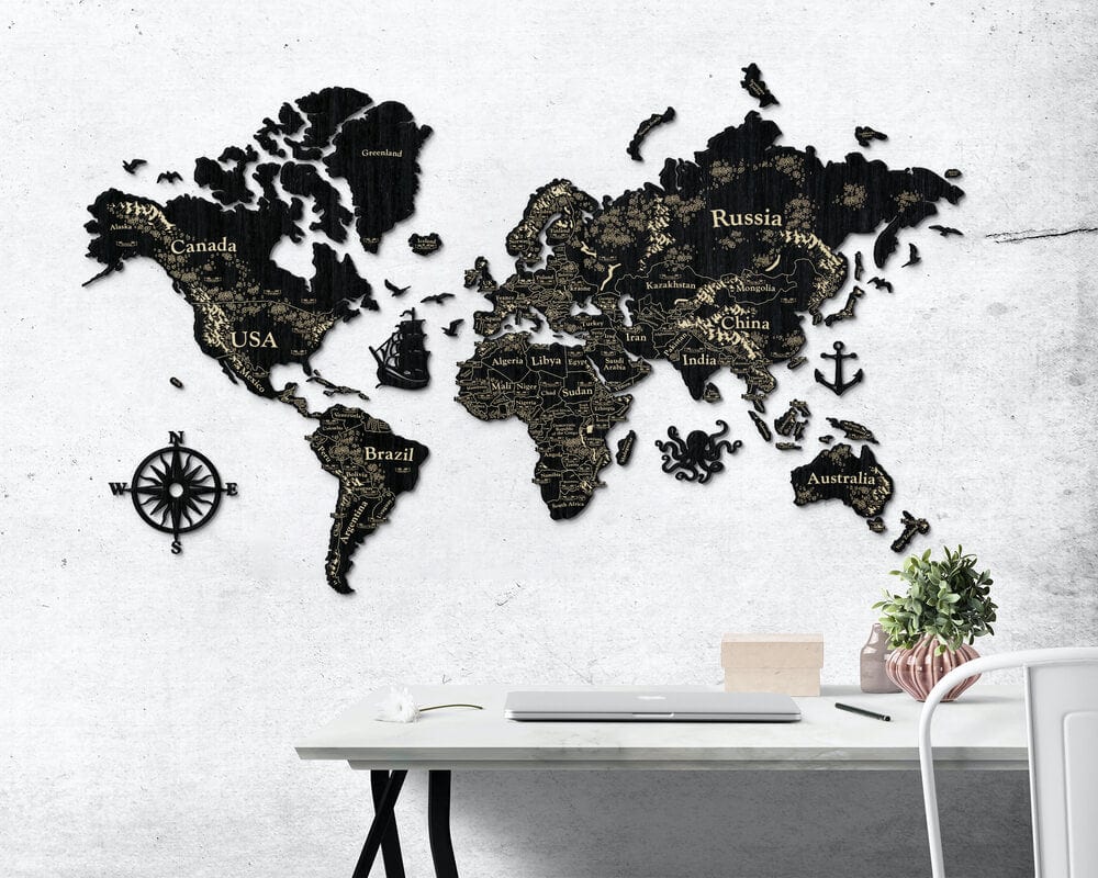 2D Wooden World Map (Perfect World) - Black