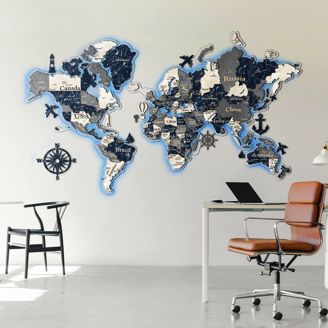 3D LED Colored Wooden World Map (Standart) - Sapphire Blue