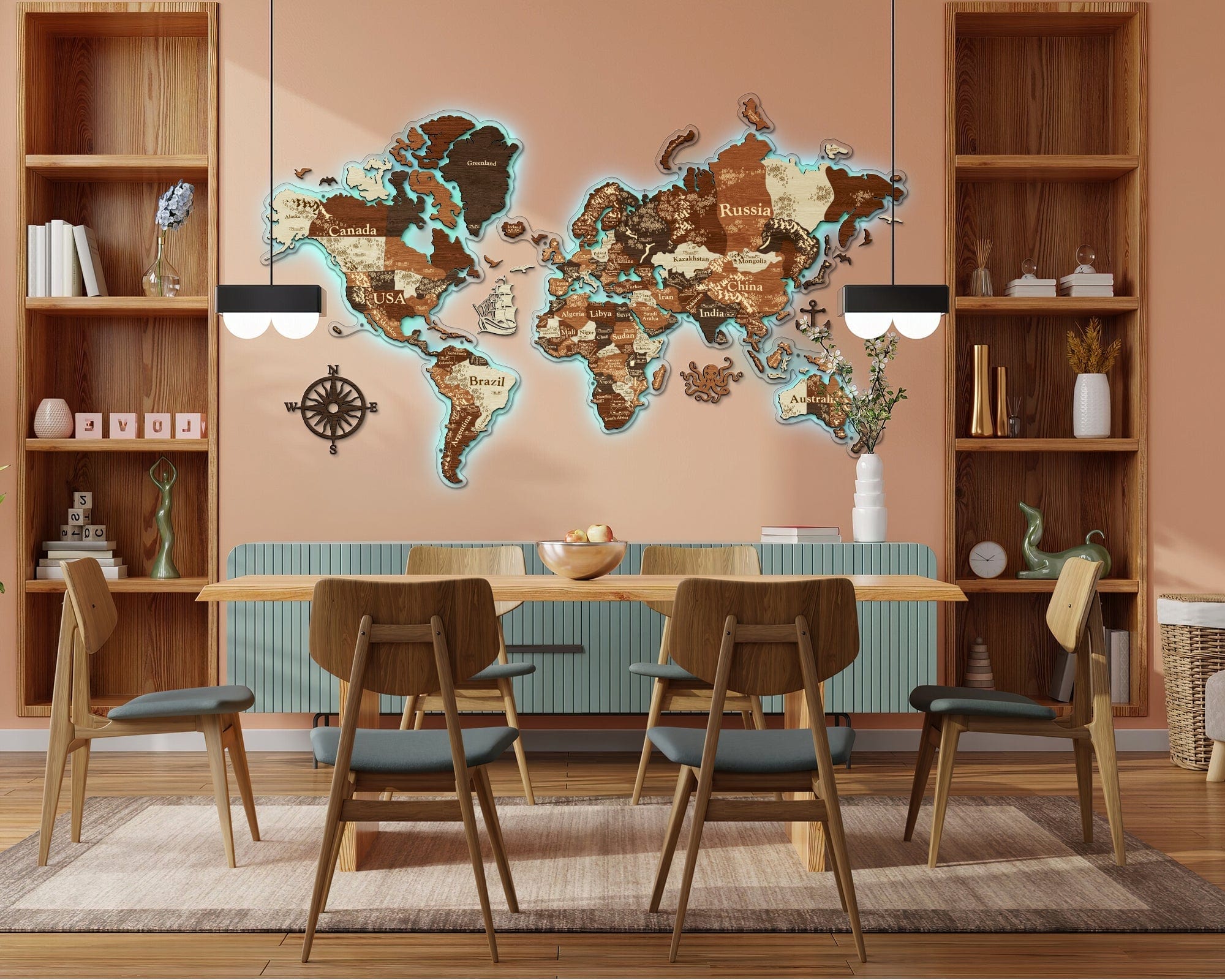 3D LED Wooden World Map Perfect World - Walnut & Rosewood