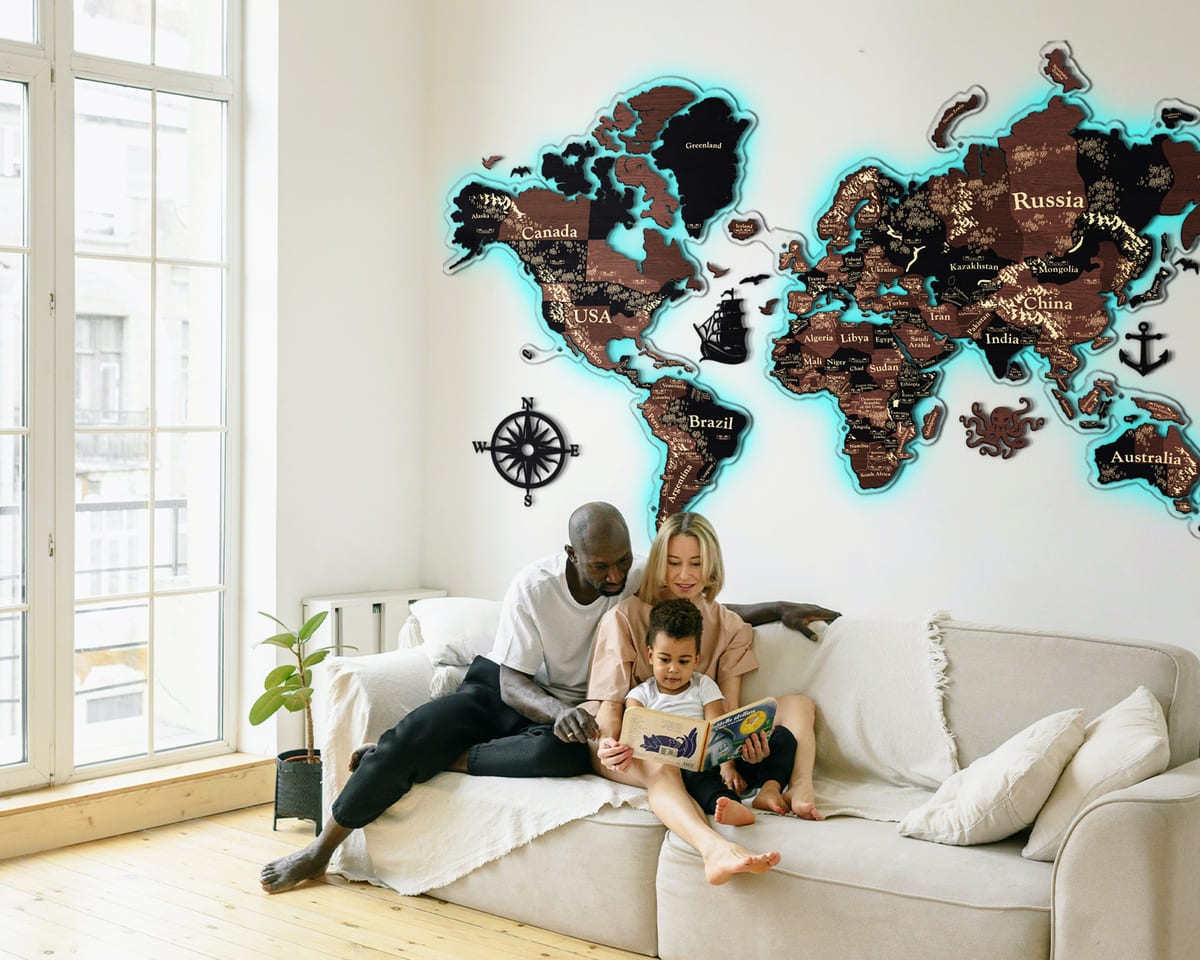 3D LED Wooden World Map Perfect World - Grey with Brown