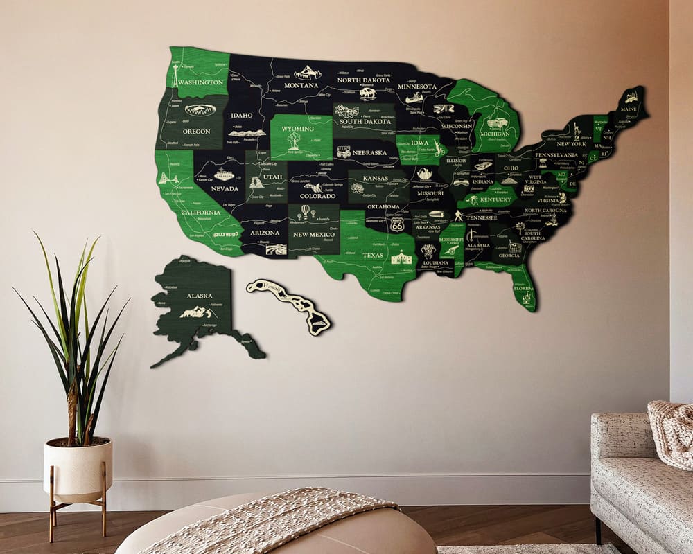 3D Map of USA Prime - Grey with Green