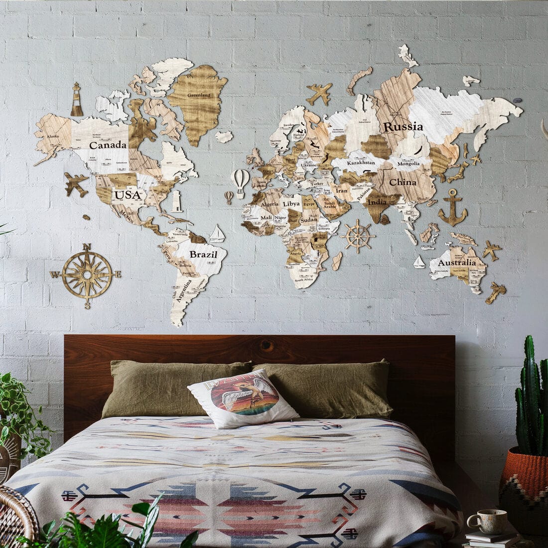 3D Colored Wooden World Map (Standart) - White Wood