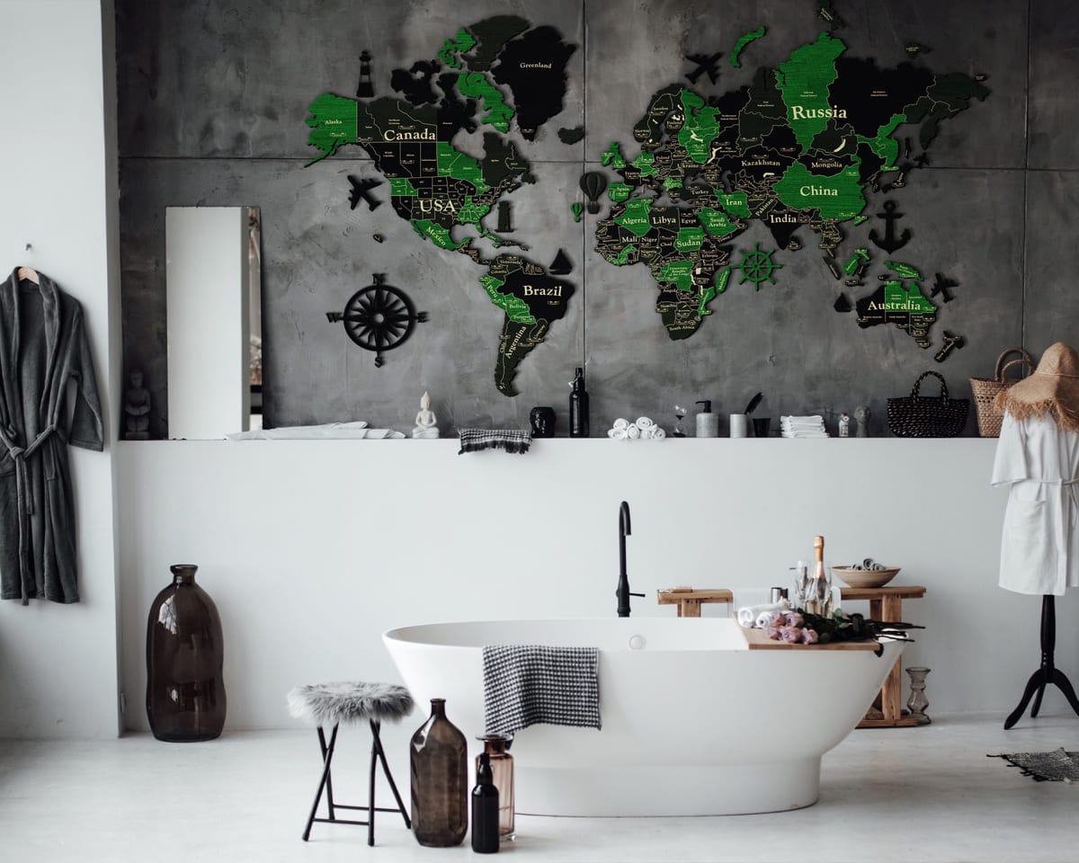 3D Wooden World Map (Standart) - Grey with Green