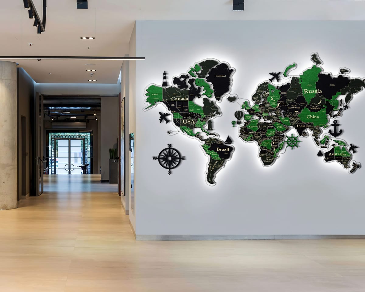 3D LED Wooden World Map Standart - Grey with Green