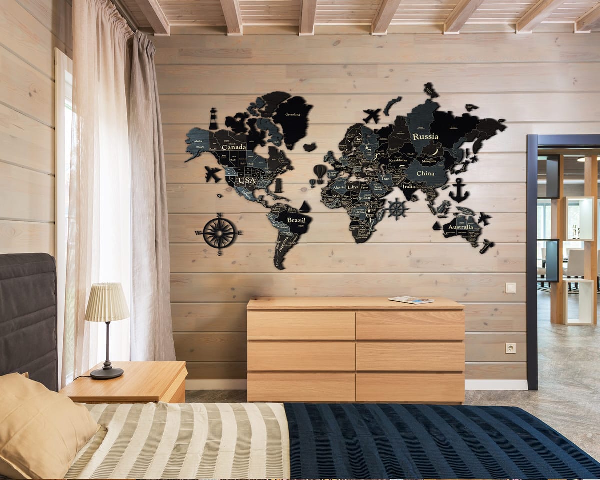 3D Wooden World Map (Standart) - Dark Grey