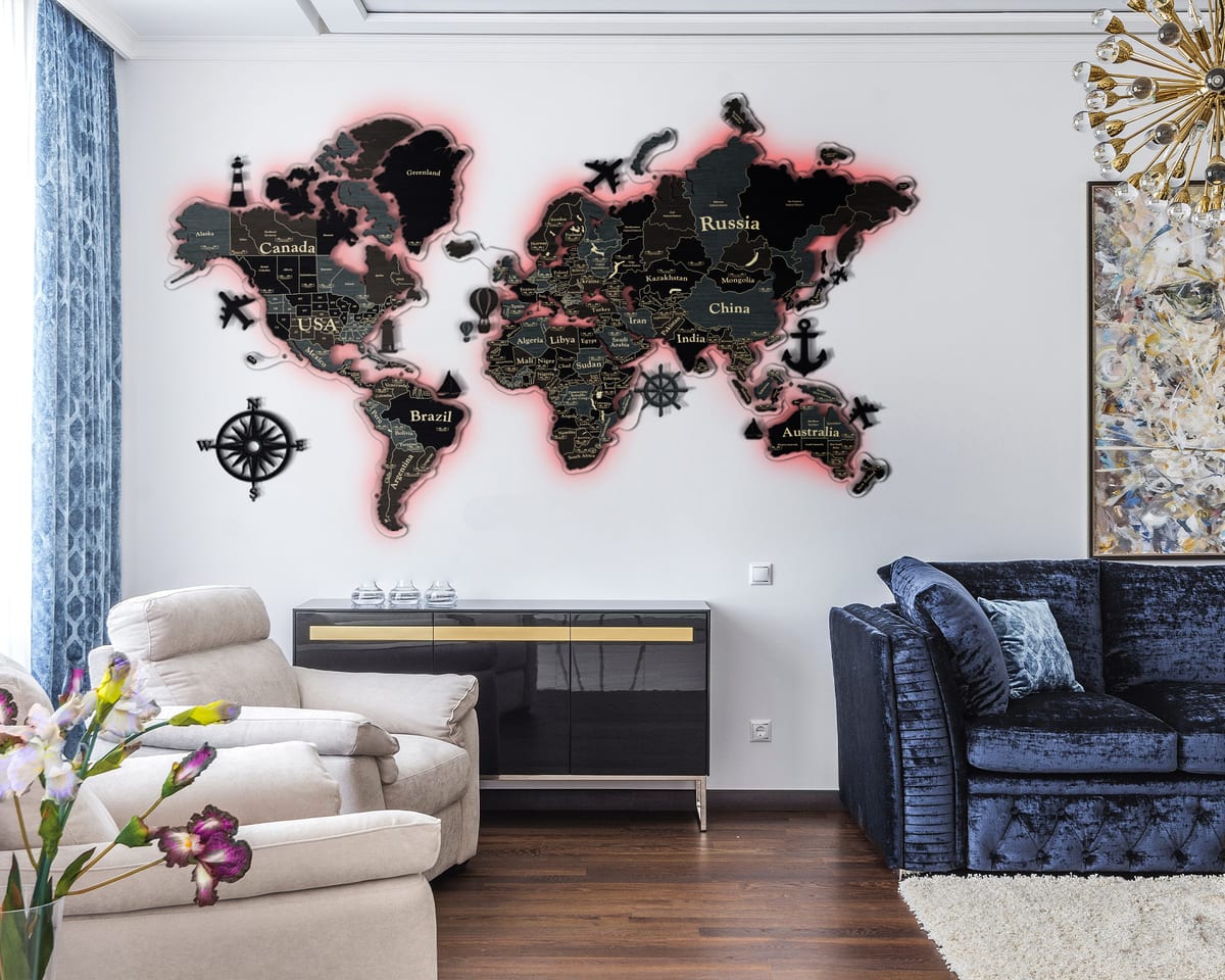 3D LED Wooden World Map Standart - Dark Grey