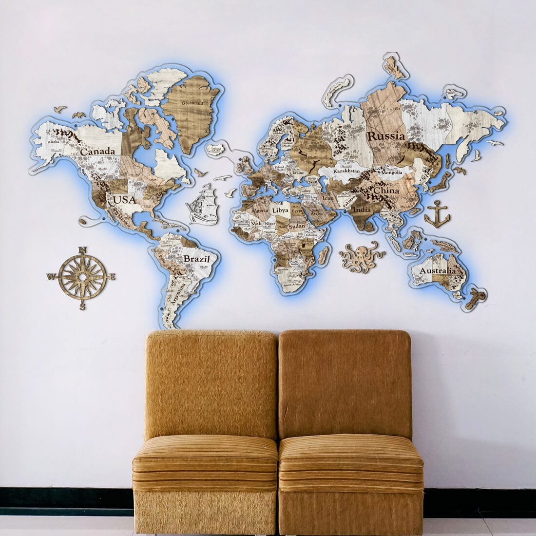 3D LED Colored Wooden World Map (Perfect World) - White Wood