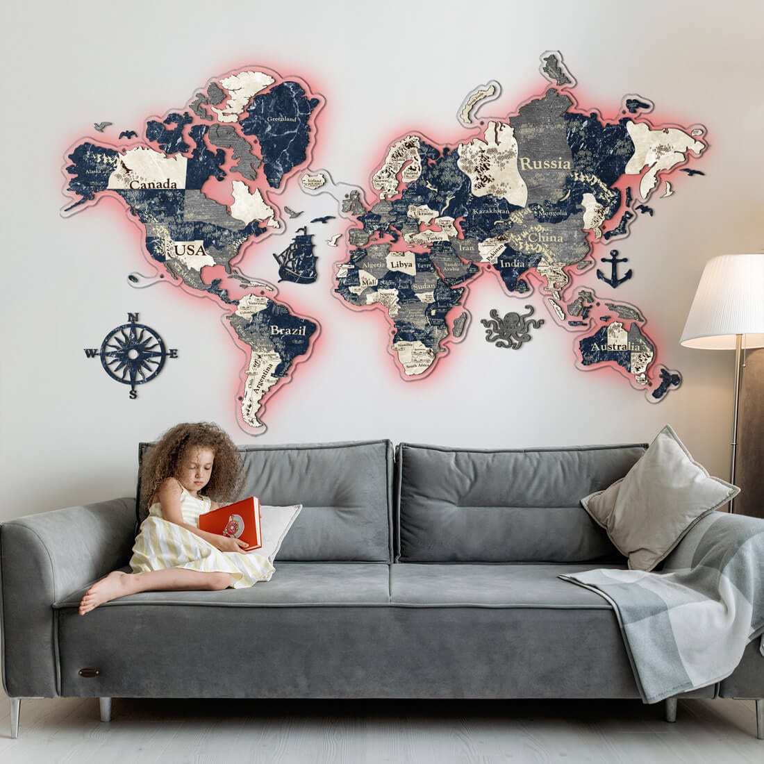 3D LED Colored Wooden World Map (Perfect World) - Sapphire Blue