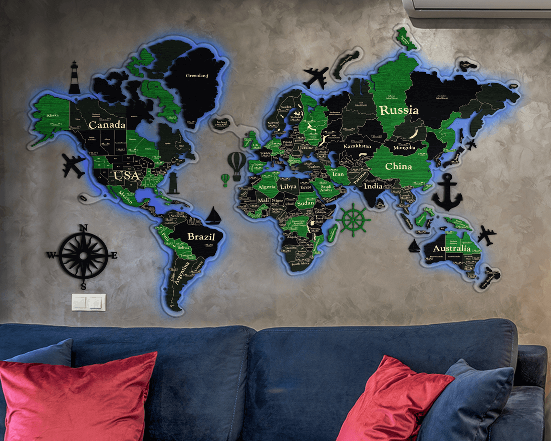 3D LED Wooden World Map Standart - Grey with Green