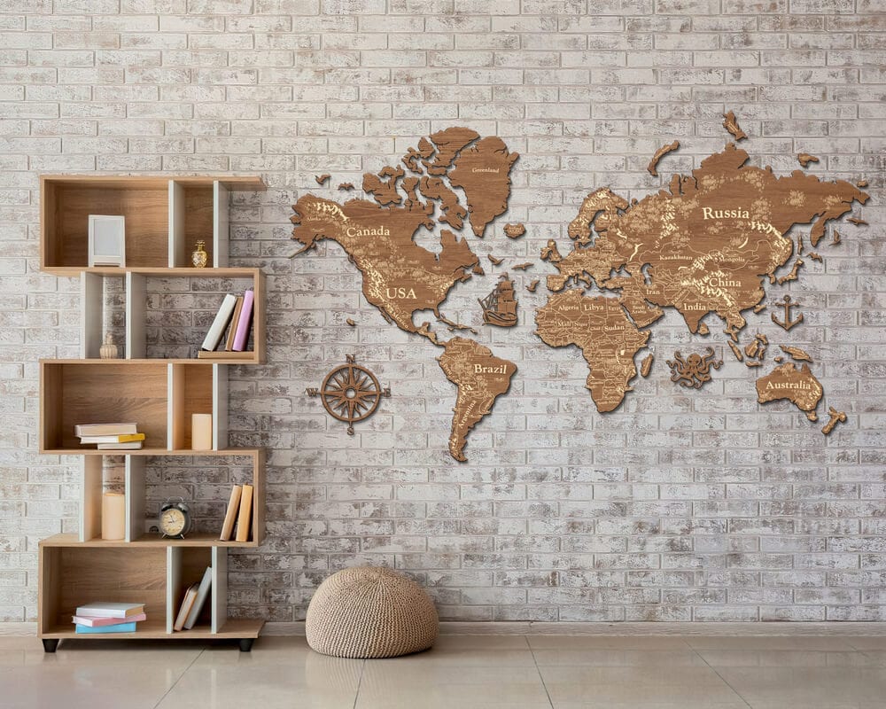 2D Wooden World Map (Perfect World) - Light Walnut