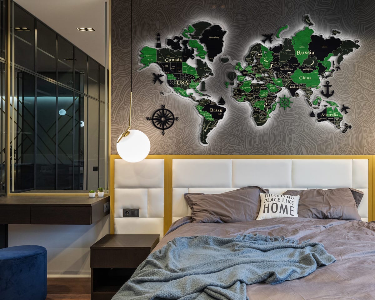 3D LED Wooden World Map Standart - Grey with Green