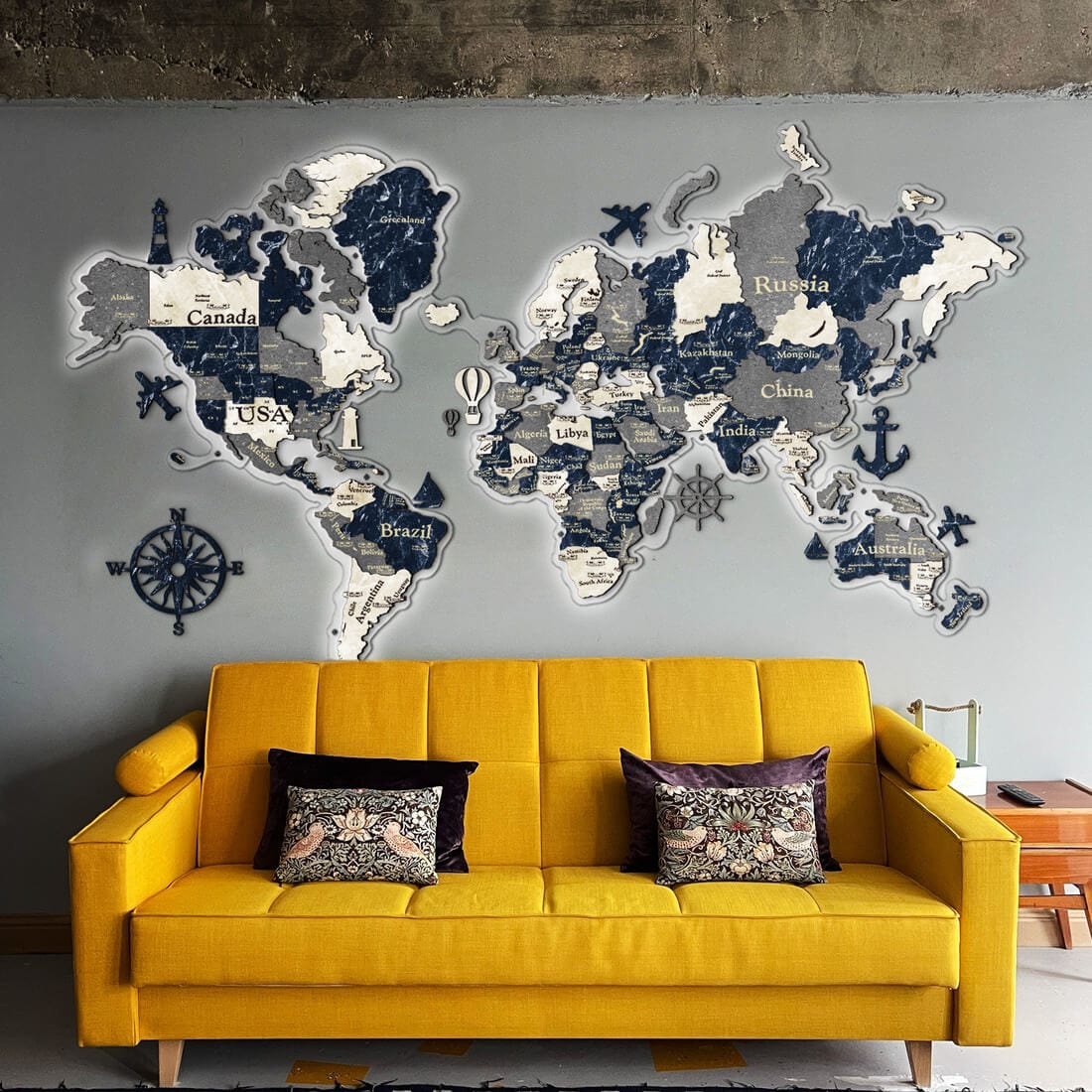 3D LED Colored Wooden World Map (Standart) - Sapphire Blue