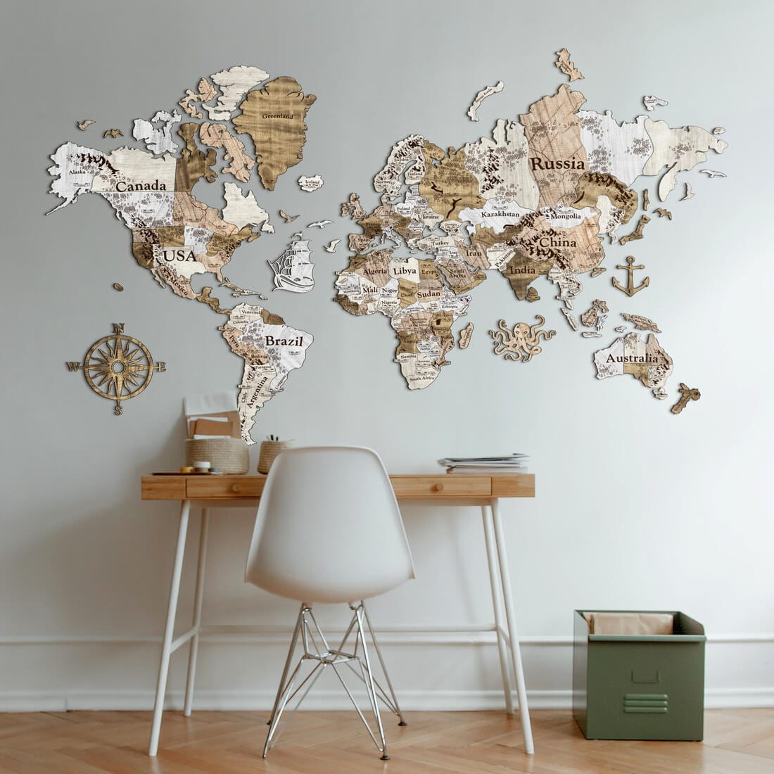 3D Colored Wooden World Map (Perfect World) - White Wood