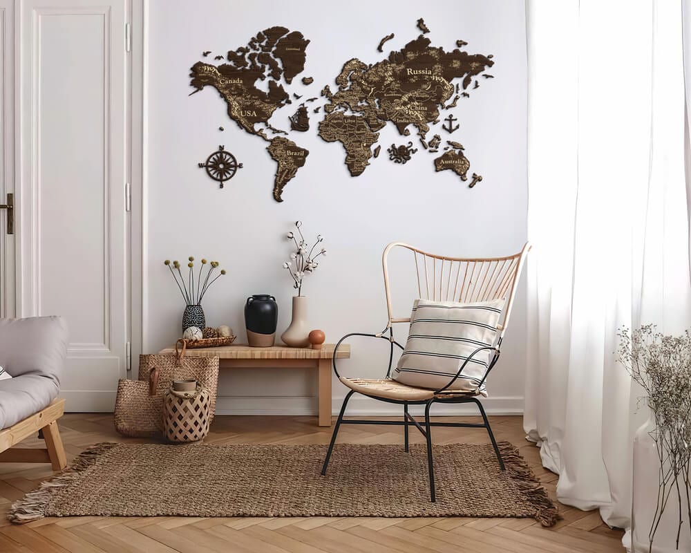 2D Wooden World Map (Perfect World) - Dark Walnut