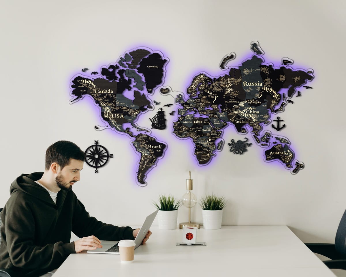 3D LED Wooden World Map Perfect World - Dark Grey