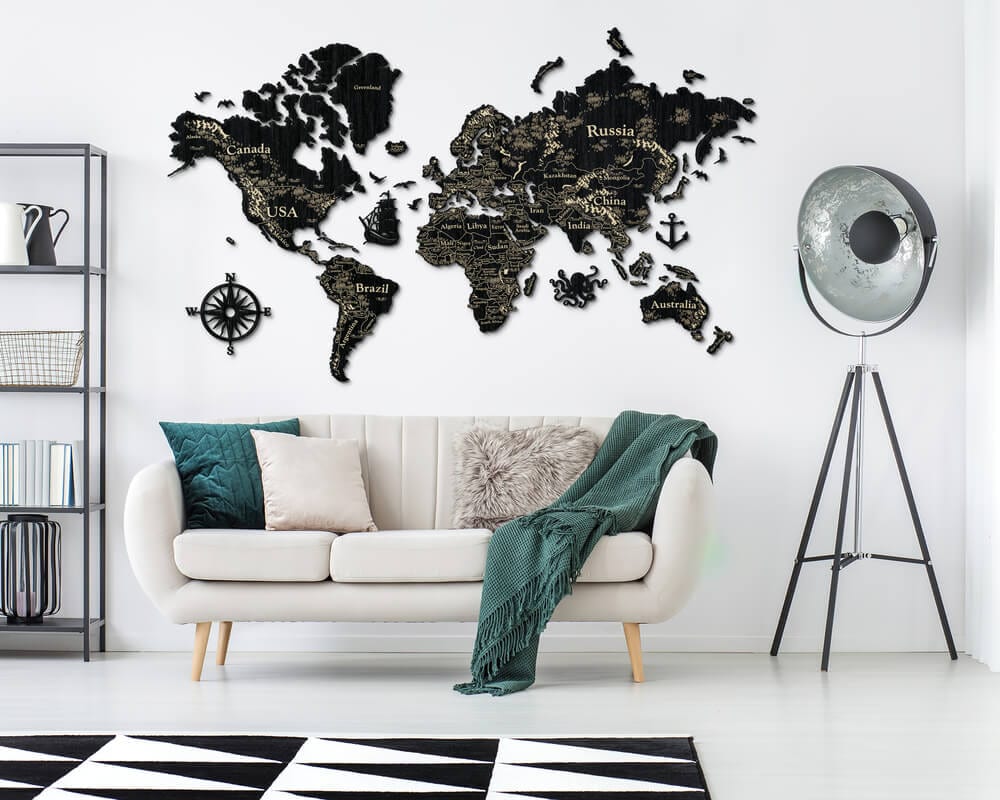 2D Wooden World Map (Perfect World) - Black