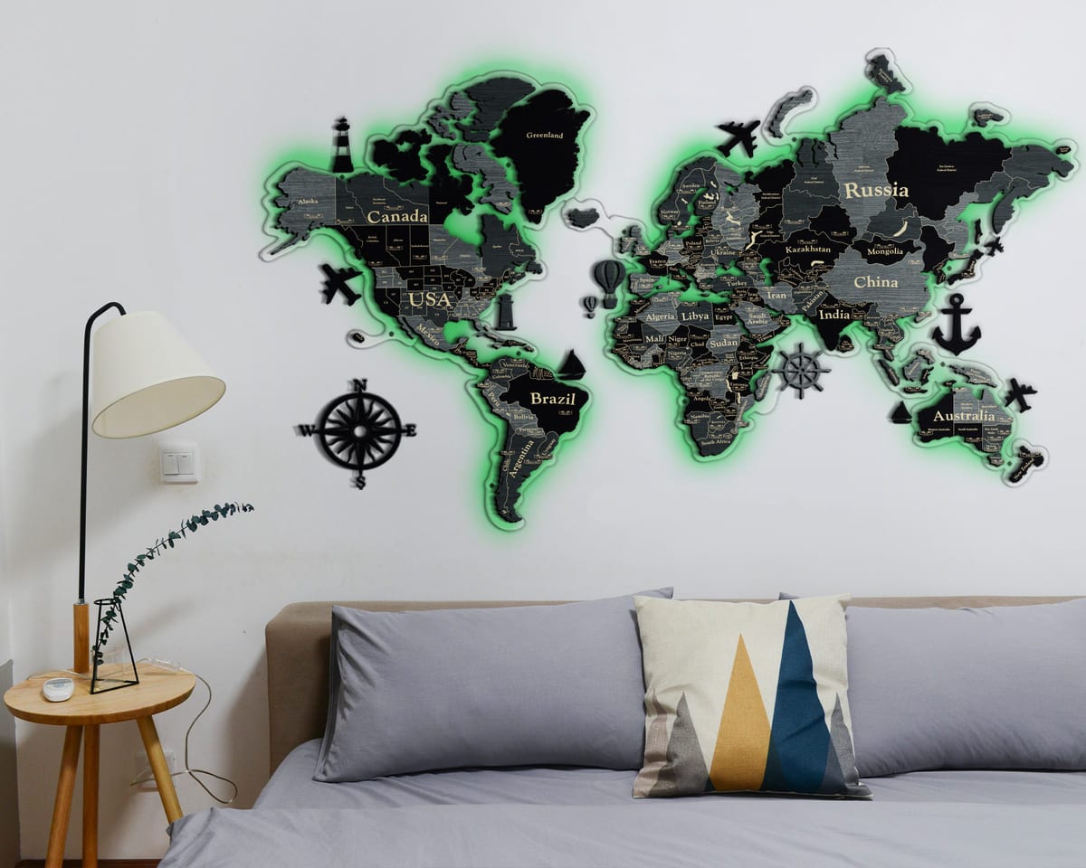 3D LED Wooden World Map Standart - Light Grey