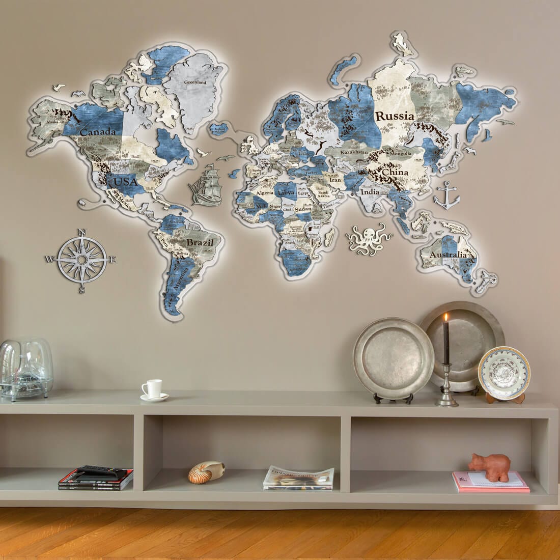 3D LED Colored Wooden World Map (Perfect World) - Diamond Blue