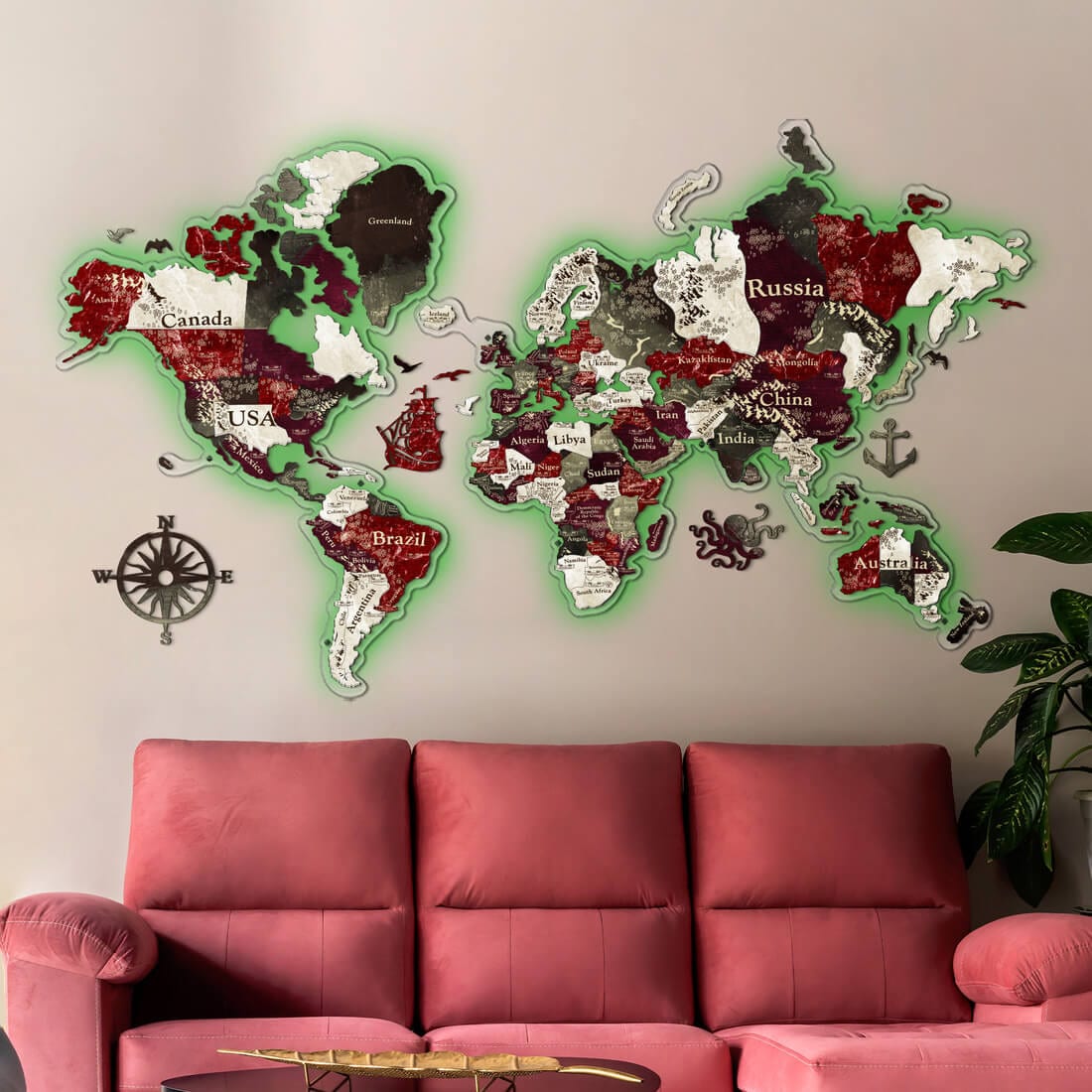 3D LED Colored Wooden World Map (Perfect World) - Ruby Red