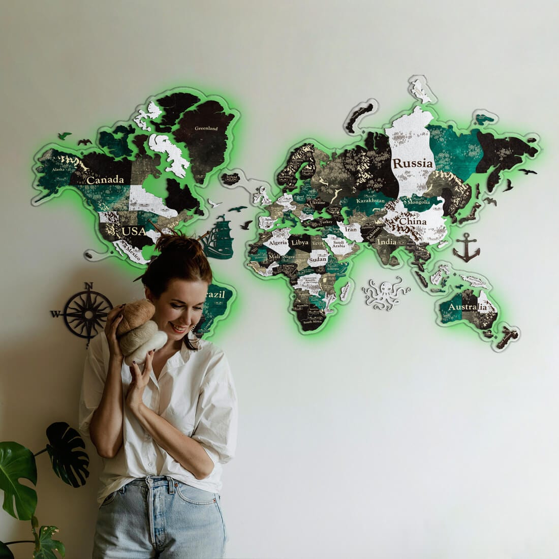 3D LED Colored Wooden World Map (Perfect World) - Emerald Green