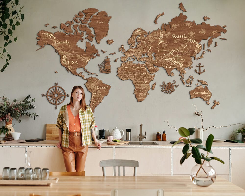 2D Wooden World Map (Perfect World) - Light Walnut