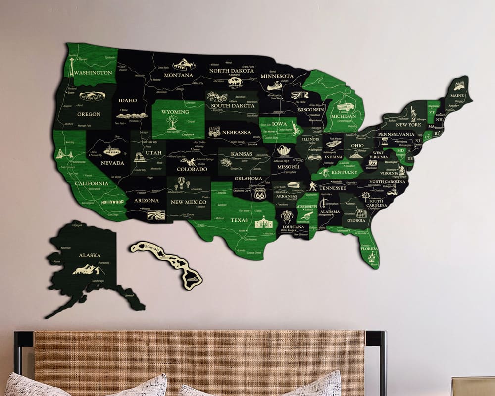 3D Map of USA Prime - Grey with Green