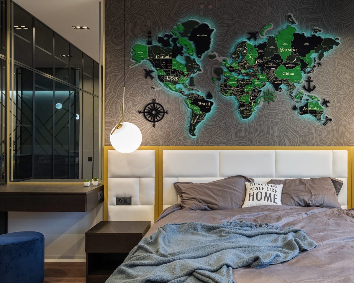 3D LED Wooden World Map Standart - Grey with Green