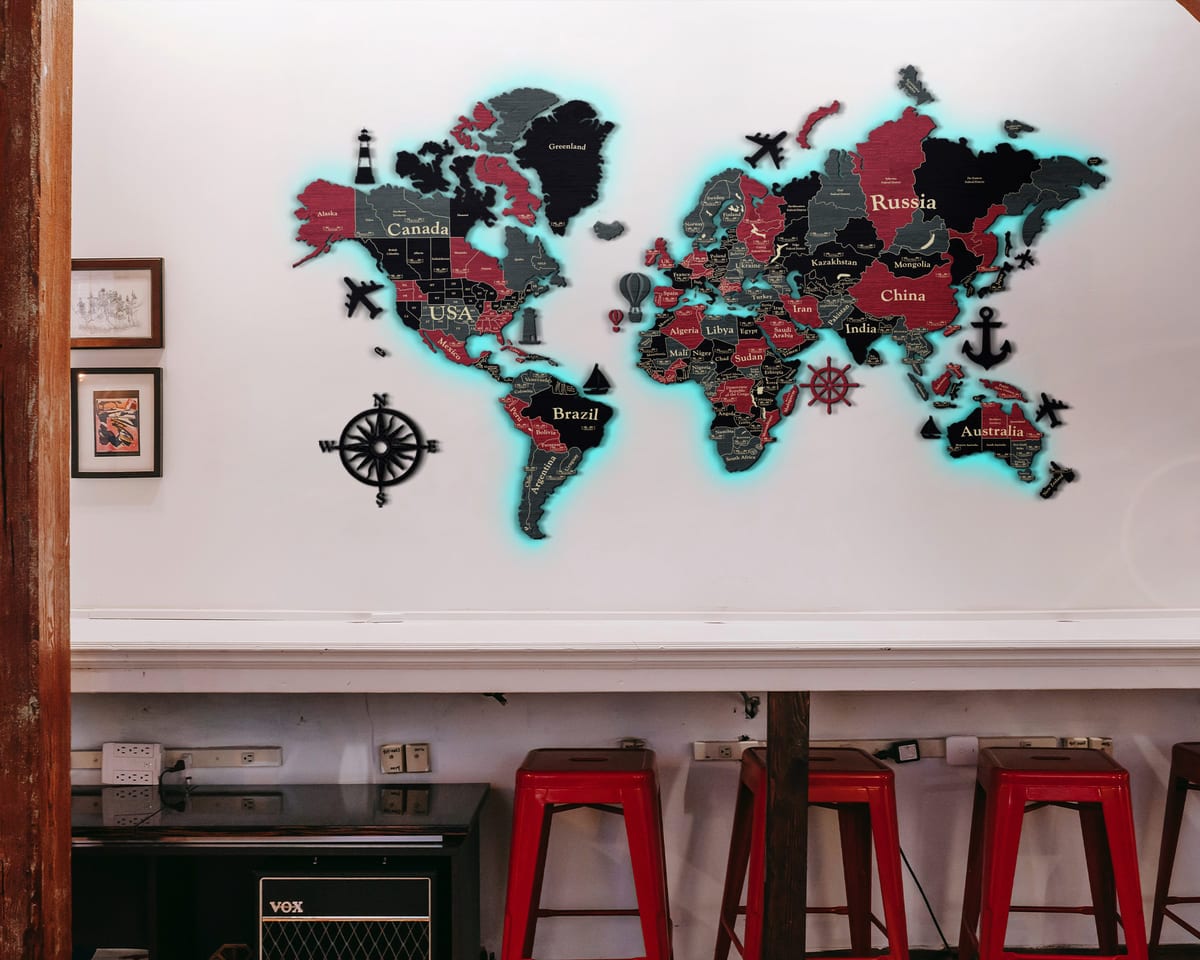 3D LED Wooden World Map Standart - Grey with Red