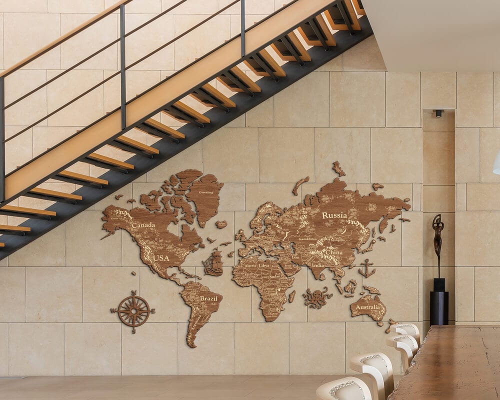 2D Wooden World Map (Perfect World) - Light Walnut