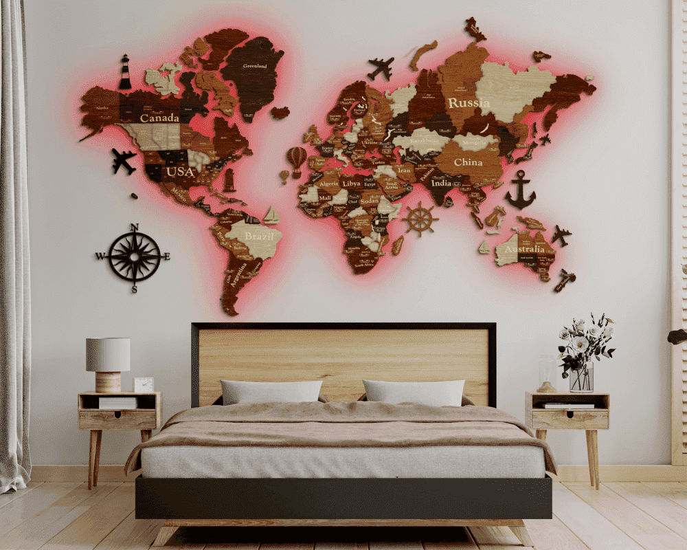 3D LED Wooden World Map Standart - Walnut & Rosewood