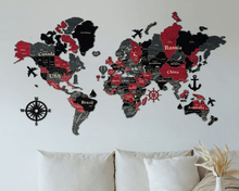 Load image into Gallery viewer, 3D Wooden World Map (Standart) - Grey with Red
