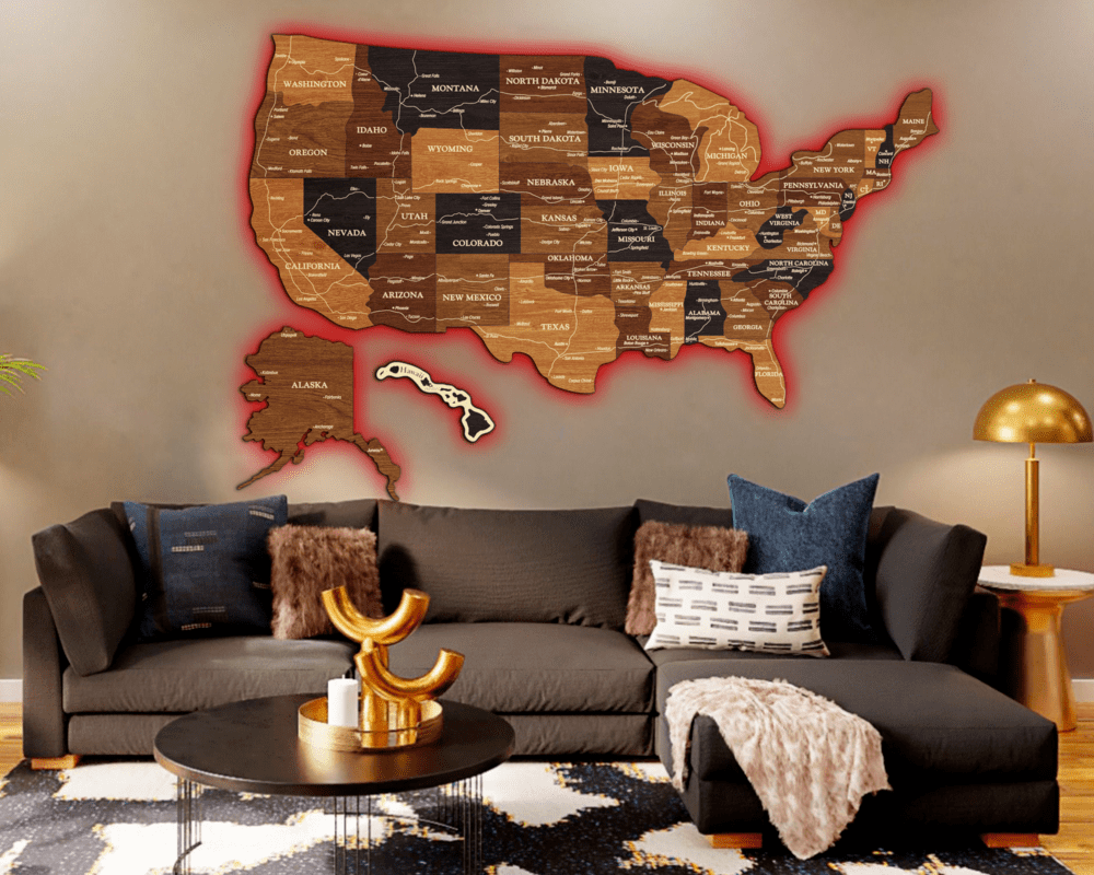 3D LED Map of USA - Walnut & Wenge